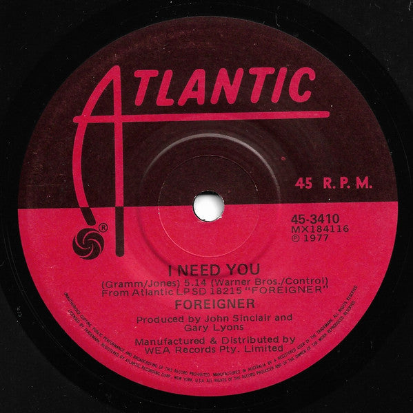 Foreigner : Cold As Ice (7", Single)