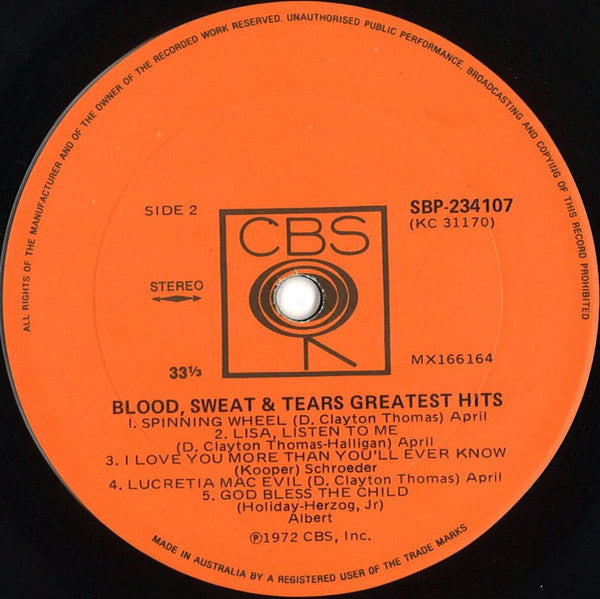 Blood, Sweat & Tears* : Blood, Sweat & Tears Greatest Hits (LP, Comp)