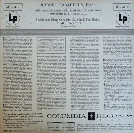 Beethoven*, Robert Casadesus, Philharmonic-Symphony Orchestra Of New York, Dimitri Mitropoulos : Emperor Concerto: Concerto No. 5 In E-Flat Major, Op. 73 (LP, Mono)