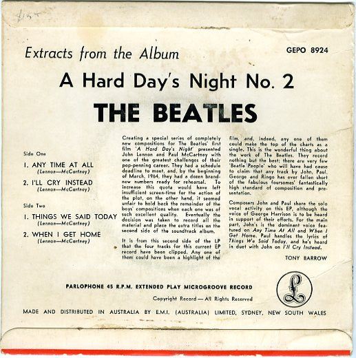 The Beatles : Extracts From The Album A Hard Day's Night (7", EP)