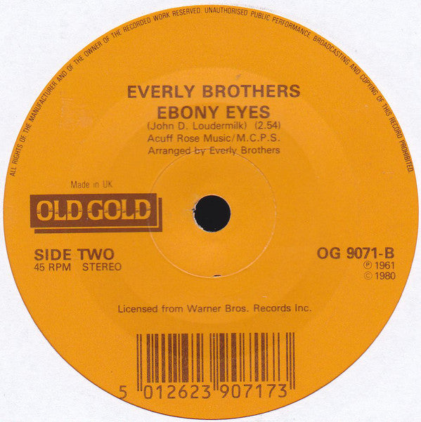 Everly Brothers : Walk Right Back / Ebony Eyes (7", Single, RE)