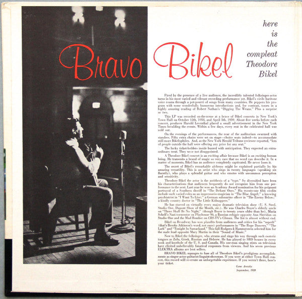 Theodore Bikel : Bravo Bikel - Theodore Bikel Town Hall Concert (LP, Mono)