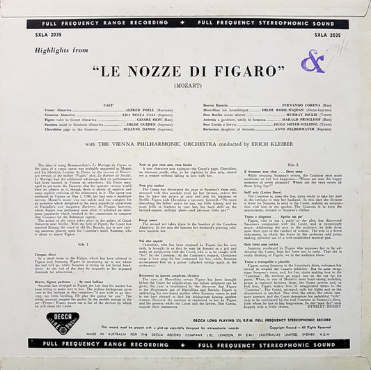 Wolfgang Amadeus Mozart, Hilde Güden ∙ Lisa Della Casa ∙ Suzanne Danco ∙ Alfred Poell ∙ Cesare Siepi ∙ Fernando Corena, Erich Kleiber, Wiener Philharmoniker : Highlights From Le Nozze Di Figaro (LP)