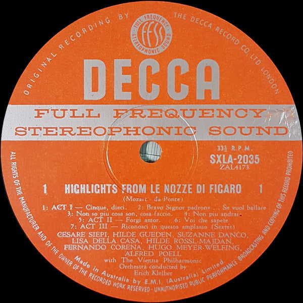 Wolfgang Amadeus Mozart, Hilde Güden ∙ Lisa Della Casa ∙ Suzanne Danco ∙ Alfred Poell ∙ Cesare Siepi ∙ Fernando Corena, Erich Kleiber, Wiener Philharmoniker : Highlights From Le Nozze Di Figaro (LP)