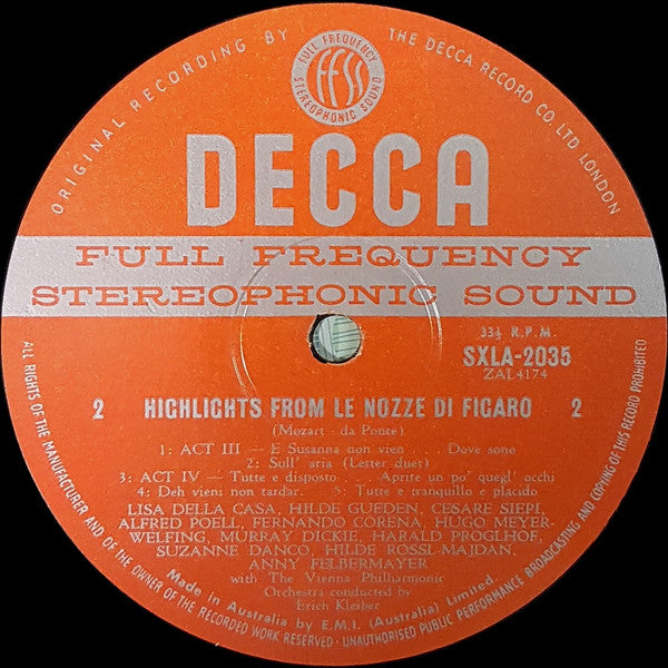 Wolfgang Amadeus Mozart, Hilde Güden ∙ Lisa Della Casa ∙ Suzanne Danco ∙ Alfred Poell ∙ Cesare Siepi ∙ Fernando Corena, Erich Kleiber, Wiener Philharmoniker : Highlights From Le Nozze Di Figaro (LP)