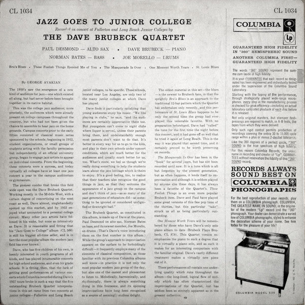 The Dave Brubeck Quartet : Jazz Goes To Junior College (LP, Album, Mono)