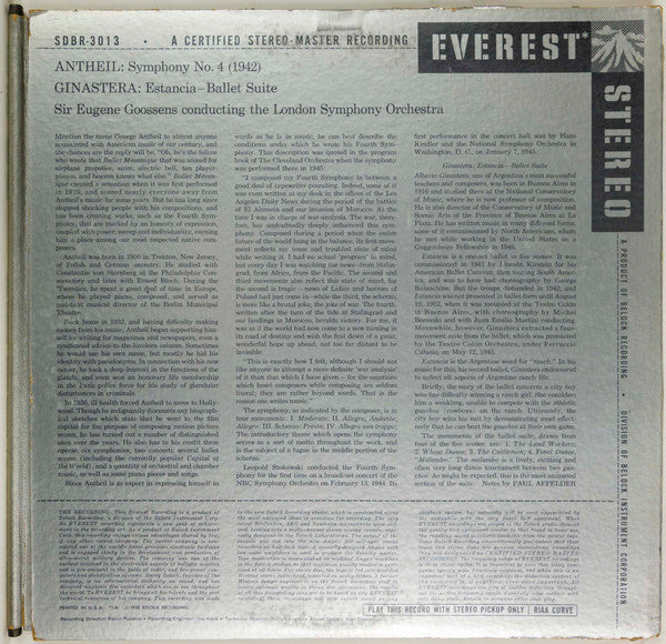 George Antheil + Ginastera* - Sir Eugene Goossens Conducting The London Symphony Orchestra : Symphony No. 4 "1942" / Estancia (Ballet Suite) (LP, Sil)