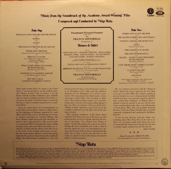 Nino Rota : Romeo & Juliet:  Music From The Soundtrack Of The Academy Award-Winning Film (LP, Album, RP)