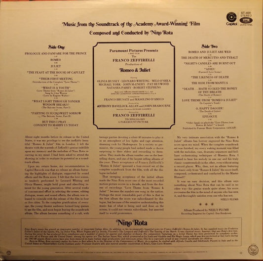 Nino Rota : Romeo & Juliet:  Music From The Soundtrack Of The Academy Award-Winning Film (LP, Album, RP)