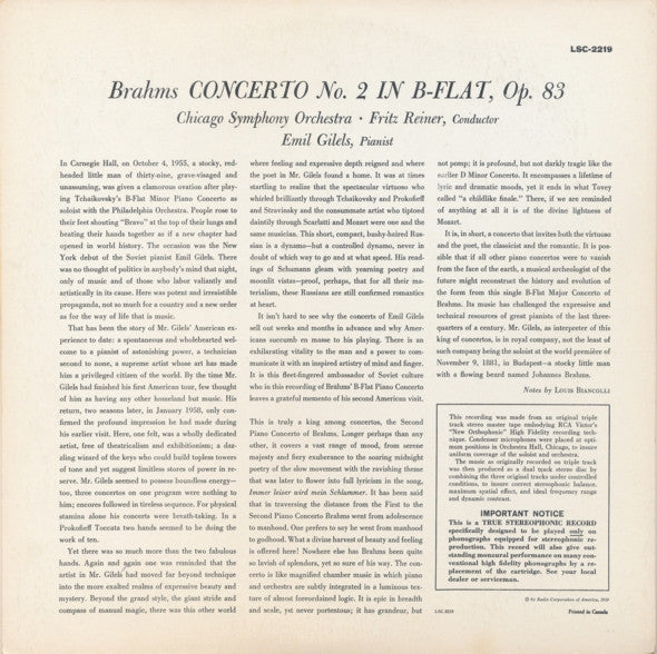 Johannes Brahms / The Chicago Symphony Orchestra, Fritz Reiner, Emil Gilels : Brahms Concerto No. 2 In B-Flat, Op. 83 (LP)