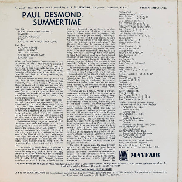Paul Desmond : Summertime (LP, Album)