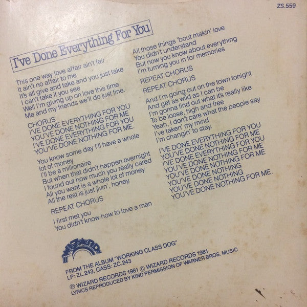 Rick Springfield : I've Done Everything For You (7", Single)