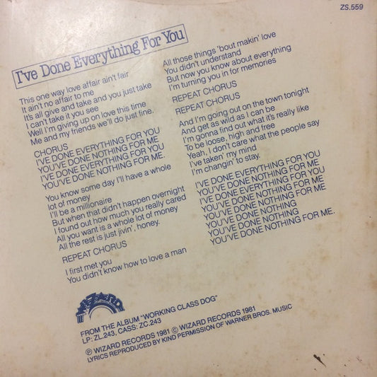 Rick Springfield : I've Done Everything For You (7", Single)