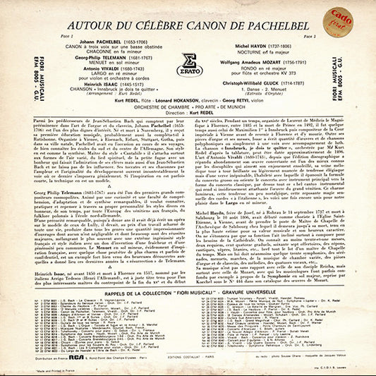 Johann Pachelbel - Antonio Vivaldi - Georg Philipp Telemann - Christoph Willibald Gluck - Wolfgang Amadeus Mozart ... Orchestre Pro Arte De Munich / Dir. Kurt Redel : Autour Du Célèbre Canon De Pachelbel (LP, RE)