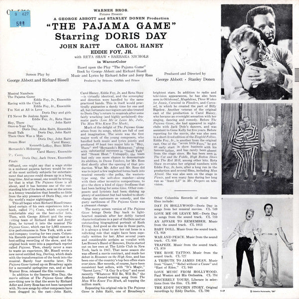 Doris Day, John Raitt, Carol Haney, Eddie Foy, Jr. With Reta Shaw, Barbara Nichols (2) : The Pajama Game (An Original Motion Picture Sound Track) (LP, Album, Mono, Blu)