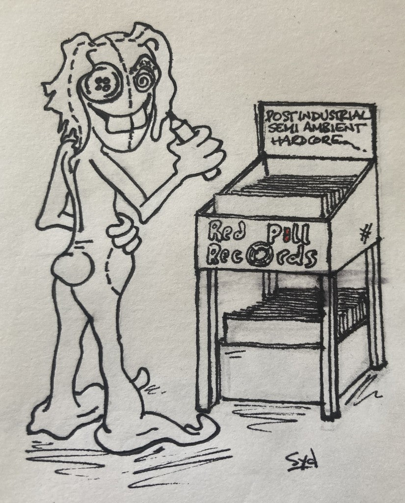 Cartoon of Red Pill mascot Syd Rabbit smiling, having written an obscure (made up) genre on one of the record bins. It says "Post-Industrial Semi-Ambient Hardcore". Not sure whether he's being sarcastic or not.