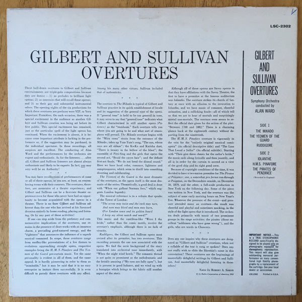 Gilbert And Sullivan* Orchestra Conducted By  Alan Ward (6) : Overtures (LP, Ind)