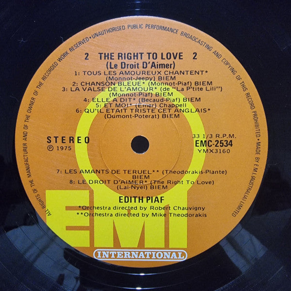 Edith Piaf : The Right To Love (Le Droit D'Aimer) (LP, Comp)
