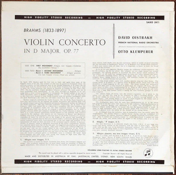 Brahms* - David Oïstrakh*, Otto Klemperer, French National Radio Orchestra* : Brahms Violin Concerto (LP)