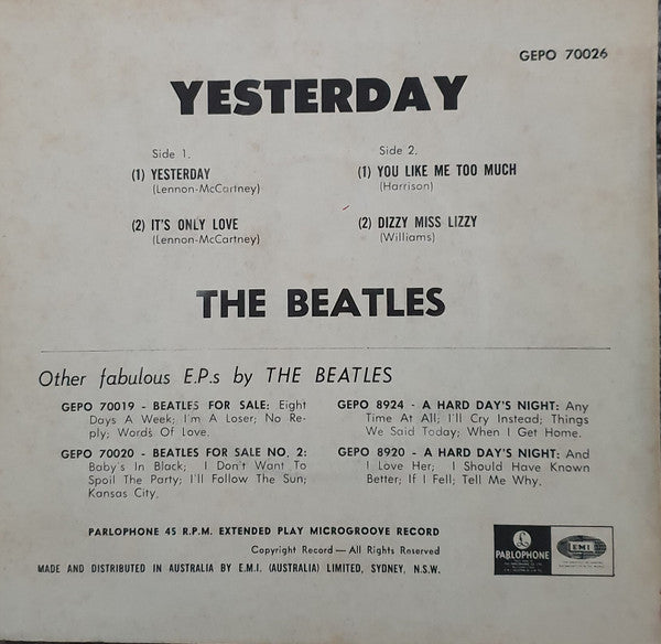 The Beatles : Yesterday (7", EP)