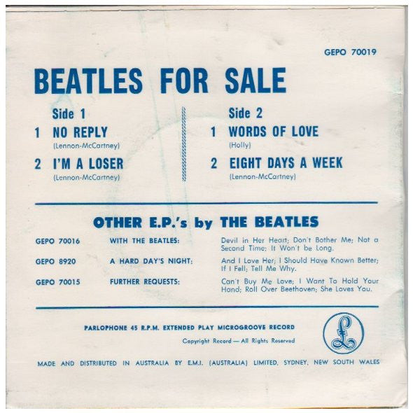 The Beatles : Beatles For Sale (7", EP, Mono, RE)
