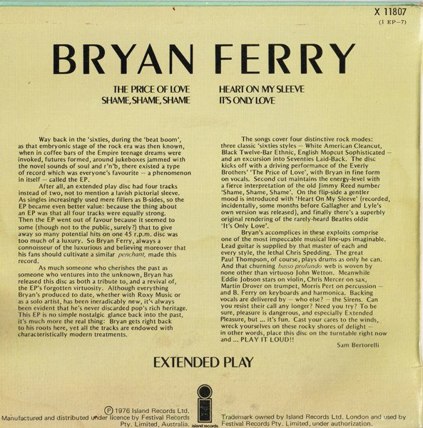 Bryan Ferry : Extended Play (7", EP)