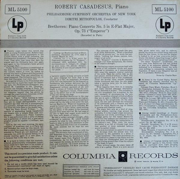 Beethoven*, Robert Casadesus, Philharmonic-Symphony Orchestra Of New York, Dimitri Mitropoulos : Emperor Concerto: Concerto No. 5 In E-Flat Major, Op. 73 (LP, Mono)