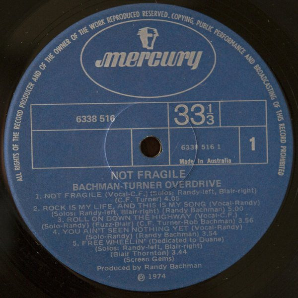 Bachman-Turner Overdrive : Not Fragile (LP, Album, Emb)