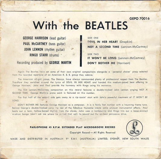 The Beatles : With The Beatles (7", EP, Mono)