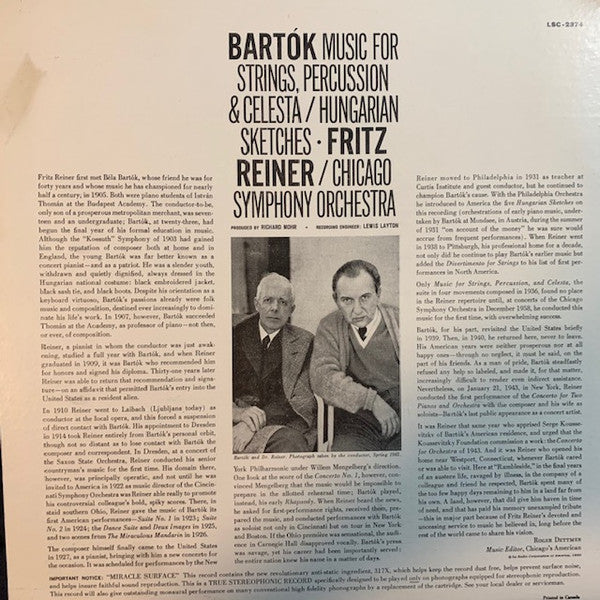 Bartók*, Reiner* / Chicago Symphony* : Music For Strings, Percussion And Celesta / Hungarian Sketches (LP)