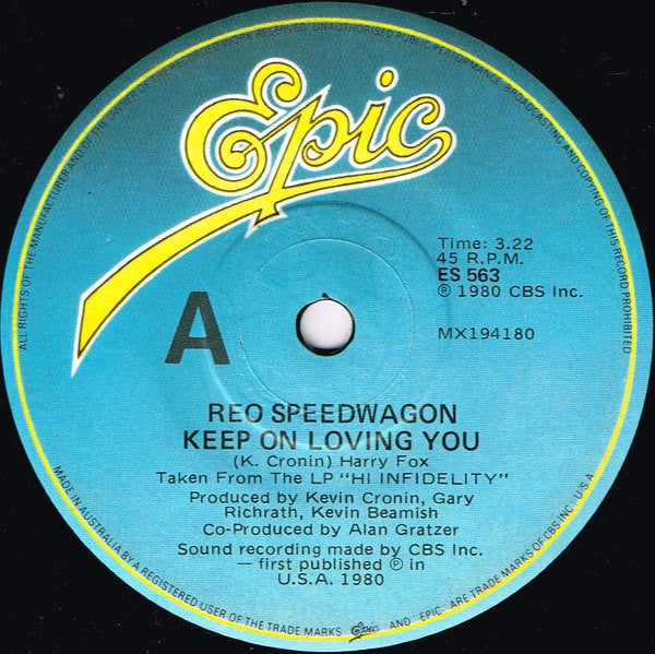 REO Speedwagon : Keep On Loving You (7", Single)