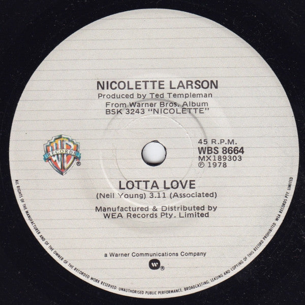 Nicolette Larson : Lotta Love (7", Single)