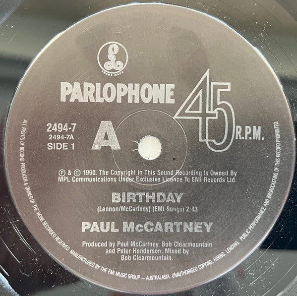 Paul McCartney : Birthday (7", Single)