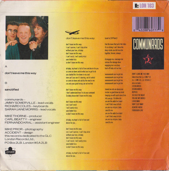 Communards* With Sarah Jane Morris : Don't Leave Me This Way (7", Single, Pap)