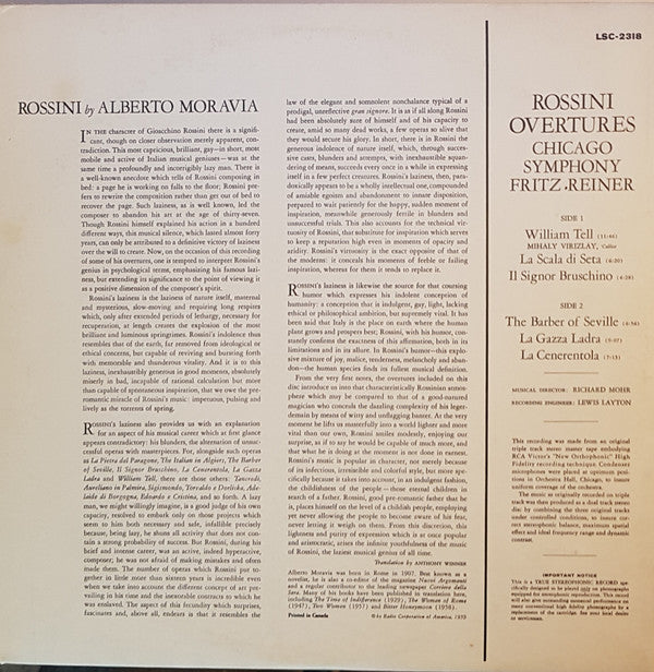 Chicago Symphony Orchestra / Fritz Reiner : Rossini Overtures (LP, Album)