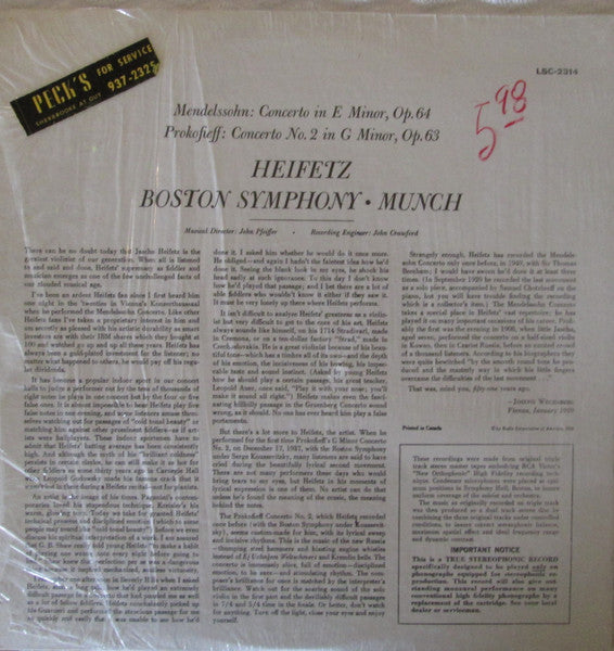 Heifetz*, Munch*, Boston Symphony* : Mendelssohn - Concerto In E Minor, Prokofieff - Concerto In G Minor (LP, Album)