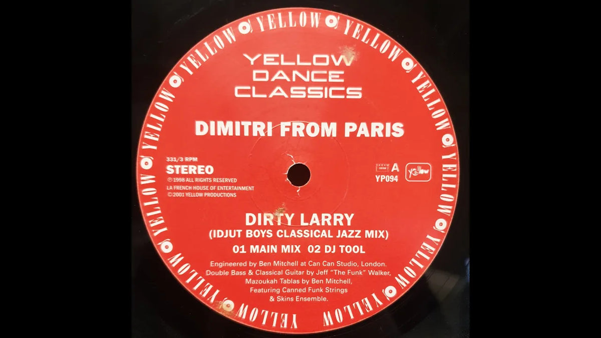 Load video: Dimitri From Paris - Dirty Larry (Idjut Boys Classical Jazz MIx), 12", on the turn table. The vinyl is black with a red label. The turn table is a Technics SL1200 MK3 with a green metal cover.