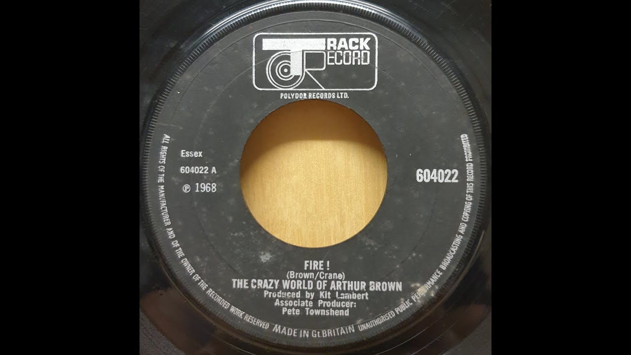 Load video: 7 inch record on the turn table, The Crazy World of Arthur Brown, with the song, Fire!