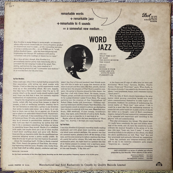 Ken Nordine Featuring The Fred Katz Group : Word Jazz (LP, Album, Mono)