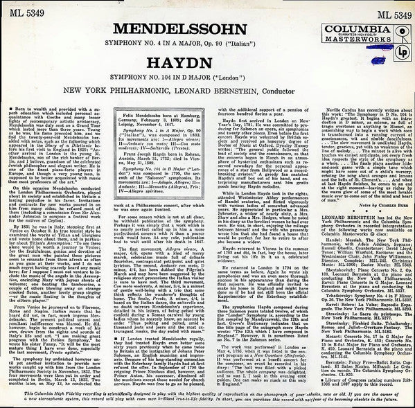 Felix Mendelssohn-Bartholdy / Joseph Haydn / The New York Philharmonic Orchestra, Leonard Bernstein : Mendelssohn: Italian Symphony / Haydn: London Symphony (LP, Mono)