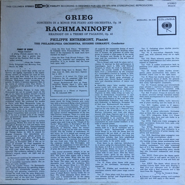 Edvard Grieg, Sergei Vasilyevich Rachmaninoff - Philippe Entremont, The Philadelphia Orchestra, Eugene Ormandy : Concerto In A Minor For Piano And Orchestra, Op. 16 / Rhapsody On A Theme Of Paganini, Op. 43 (LP)