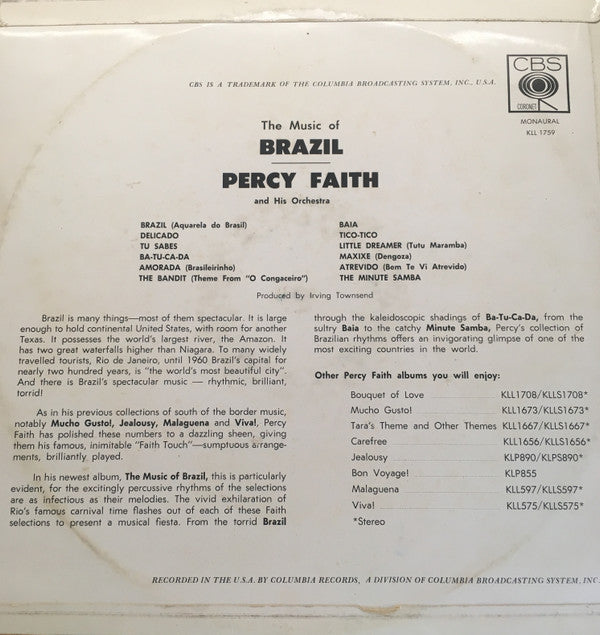 Percy Faith & His Orchestra : The Music Of Brazil! (LP, Album, Mono)