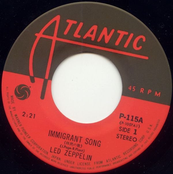 Led Zeppelin : Immigrant Song / Hey, Hey, What Can I Do (7", Single, RE)