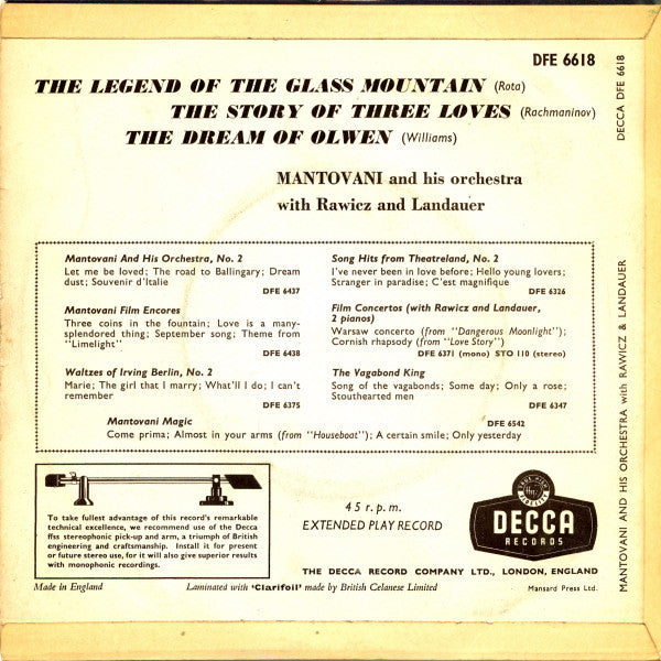 Mantovani And His Orchestra With Rawicz & Landauer : The Dream Of Olwen (7", EP, Mono)