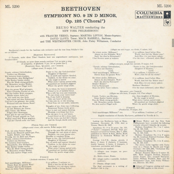 Ludwig van Beethoven / The New York Philharmonic Orchestra, Bruno Walter : Symphony No. 9 In D Minor, Op. 125 ("Choral") (LP)