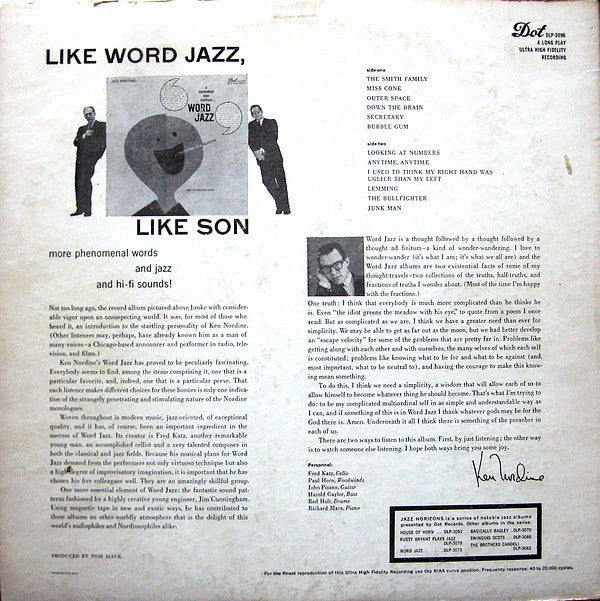 Ken Nordine Featuring The Fred Katz Group : Son Of Word Jazz (LP, Album, Mono)