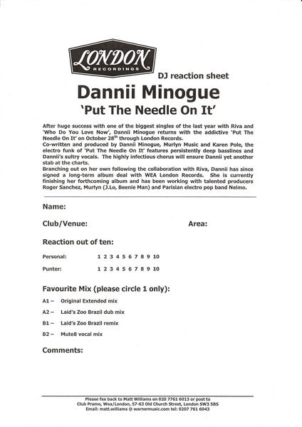 Dannii Minogue : Put The Needle On It (12", Single, Promo)