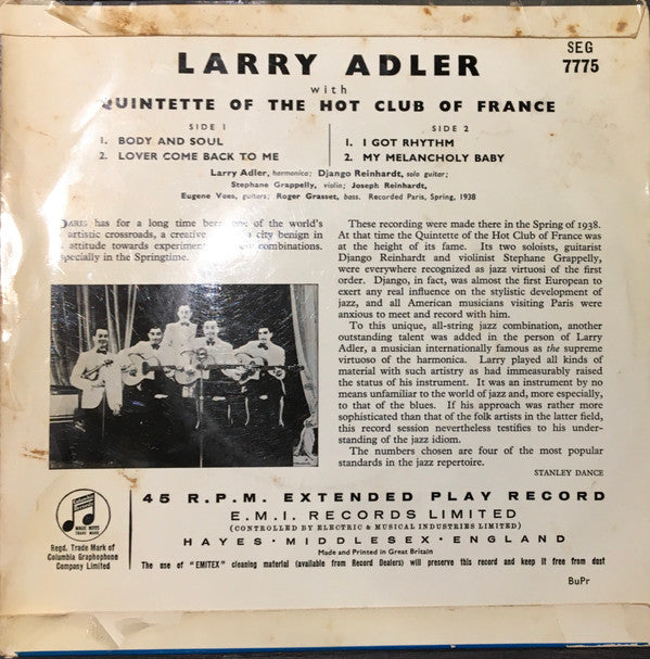 Larry Adler With Quintette Du Hot Club De France : Larry Adler With Quintette Of The Hot Club Of France (7", EP)